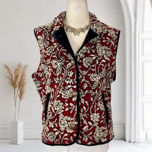 Vintage Made in Canada Burgundy Red Black Cream Paisley Velvet Fleece Vest S